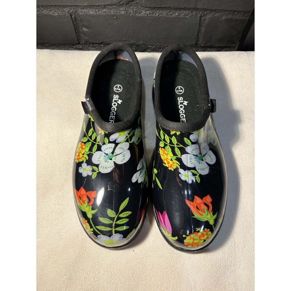 Sloggers Garden Shoes Women 9 Black Floral Rain Clog Waterproof Slip On USA Made